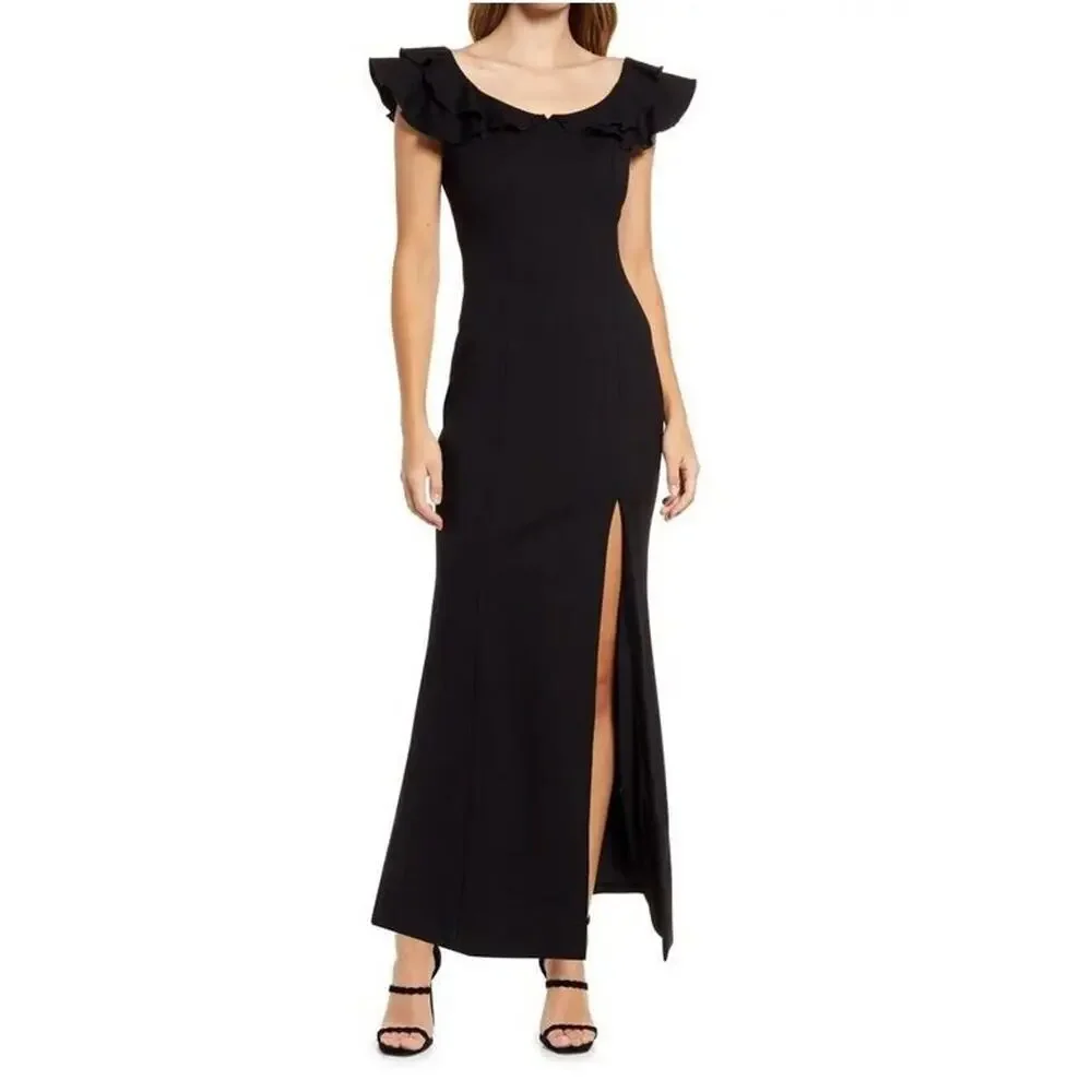 Elliatt Women Black Viscose Raja High Slit Ruffle Maxi Evening Dress Size M
